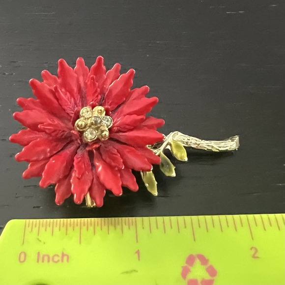 Vintage Red Enamel Rhinestone Gold Toned Flower Brooch Pin 1960's MCM Retro 2" - Picture 13 of 13